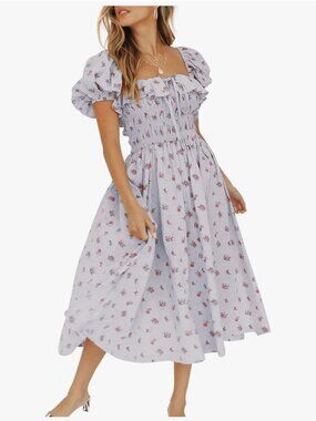 R. Vivimos Summer Floral Print Puff Sleeves Vintage Ruffles Midi Dress